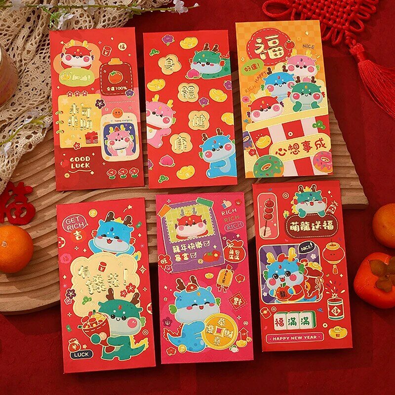 6PCS 2024 The Year Of The Dragon Red Envelope Creative Exquisite Spring Festival Kids Gift Lucky Money Bag Red Packet