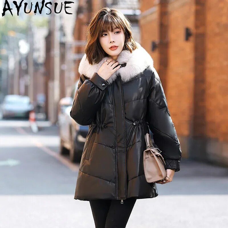 AYUNSUE-Jaqueta de couro real para mulheres, casaco de pele de carneiro genuíno, gola luxuosa de pele raposa, casacos de ganso branco solto, inverno