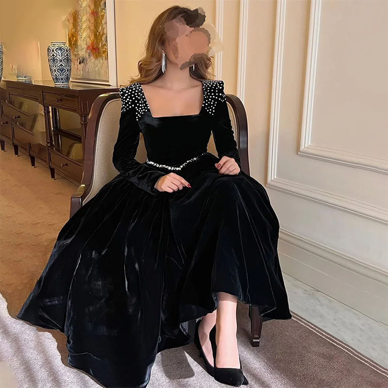 Jirocum gaun Prom hitam cantik gaun malam pesta leher persegi lengan panjang wanita gaun acara Formal Arab Saudi beludru