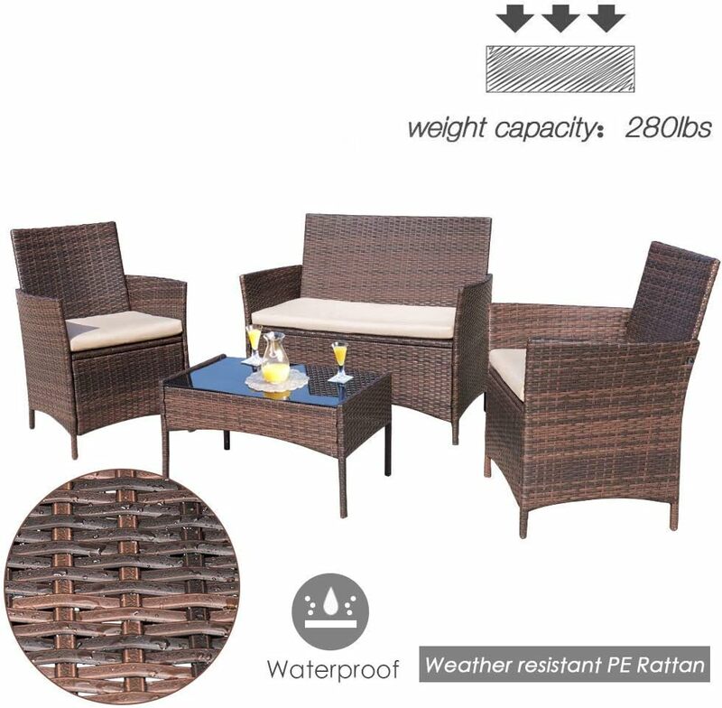 Conjunto de muebles para exteriores, set de 4 piezas para patio, porche, jardín, piscina, balcón, color marrón y Beige
