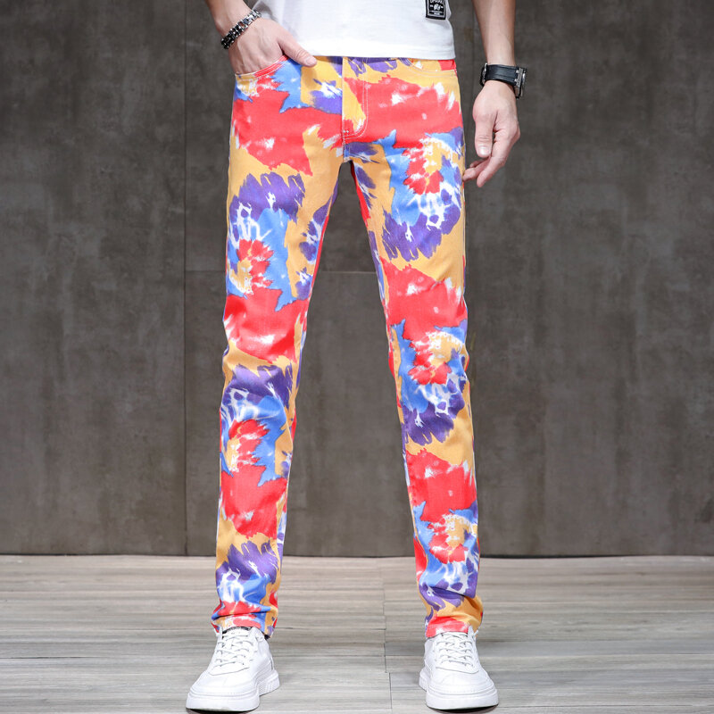 Colorful printed jeans men's fashion party trendy unique slim stretch casual handsome trousers2024new