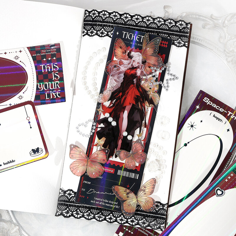 装飾的な粘着紙メモ帳、コラージュ、ロングカードシリーズ、かわいい、魅力的、8個