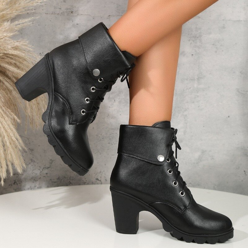 2023 New Ladies Shoes Ankle Women's Boots Retro Modern Boots Women Forward Lace Up Turn Over Round Toe Chunky Heel Shoes Female
