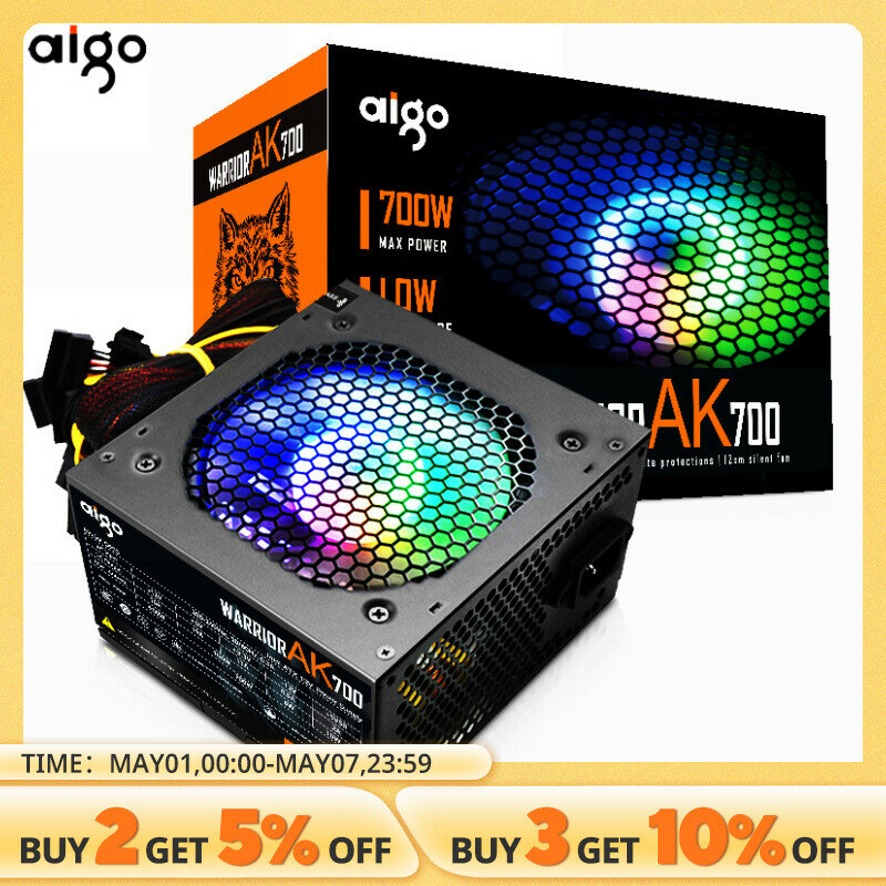 Aigo-AK Fonte de Alimentação para PC, Jogos Preto, Computador Desktop, Silencioso, 120mm, RGB Fan, 24Pin, 12V, ATX, BTC, 700W