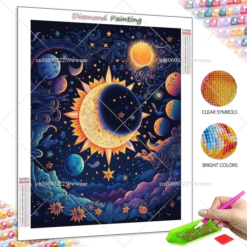 Kit de mosaico bordado para decoração de casa, pintura diamante 5D, cor fantasia, galáxia, lua, estrelado, desenhos animados, cristal completo, DIY, presentes