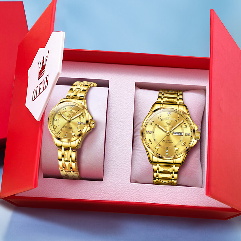 OLEVS 남녀공용 클래식 쿼츠 커플 시계, 방수 스테인리스 스틸 핸드 시계, 다이아몬드 숫자 다이얼 시계, 2910 신상