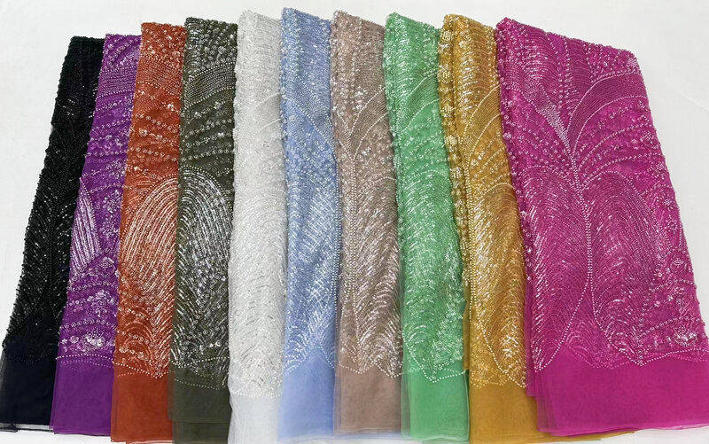 2024 ultimo tessuto di pizzo con paillettes africane ricamo di alta qualità 3D perline di fiori francesi pizzo netto nigeriano per abito da festa di nozze