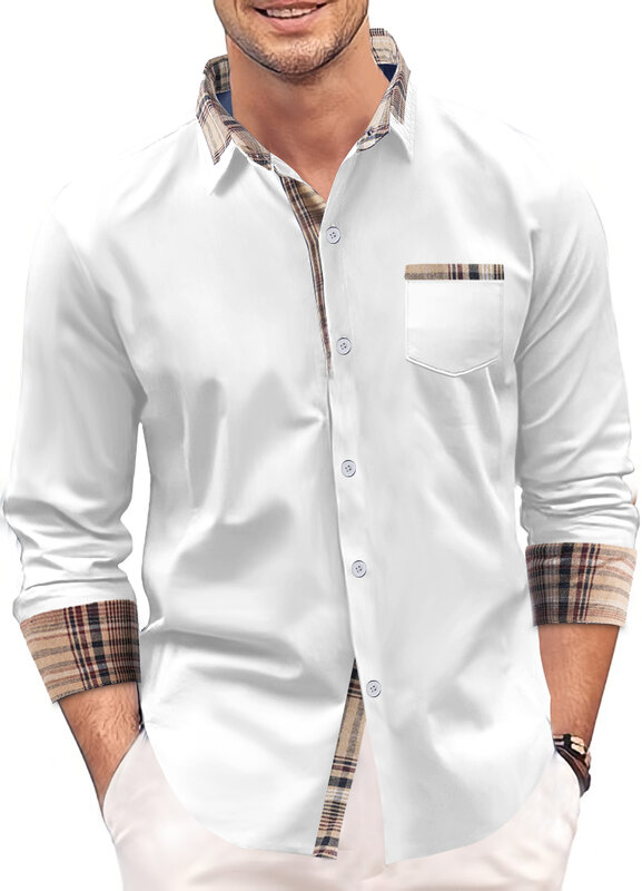 Camisa xadrez de manga longa masculina, gola patchwork, bolso, botão de lapela, casual, primavera, outono, nova moda