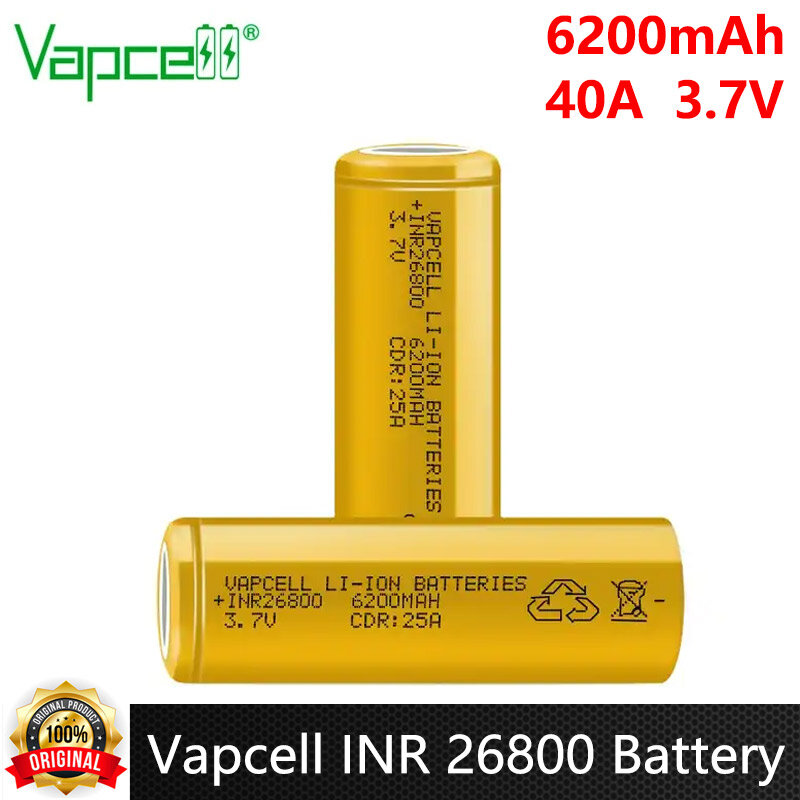 Аккумуляторная батарея Vapcell INR 26800 высокой емкости, 6200 мАч, CDR 25A, Max 40A, 3,7 в, высокомощные перезаряжаемые литий-ионные батареи для фонарика