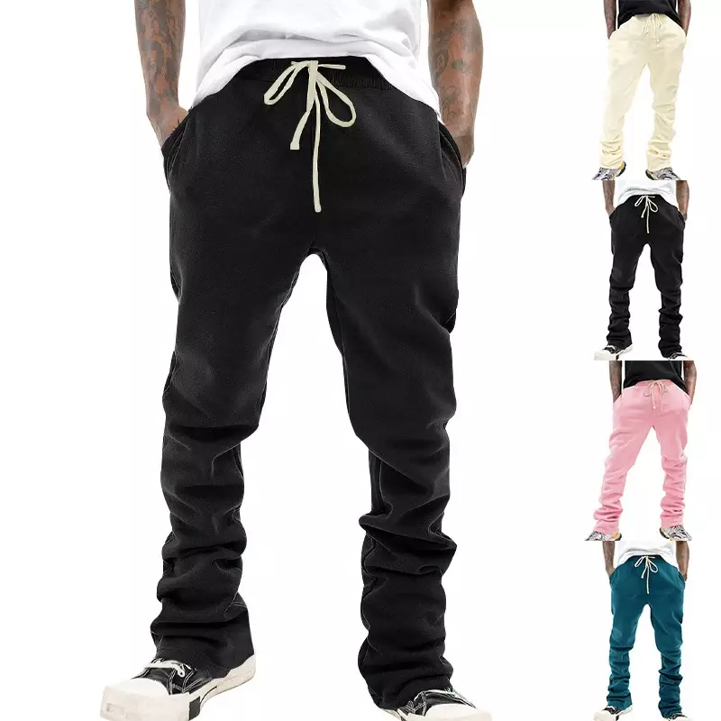 Streetwear Mens Straight Pants Casual Pleated Design Slim Fit Flare Trousers for Men Spring Summer Vintage Drawstring Pants Male