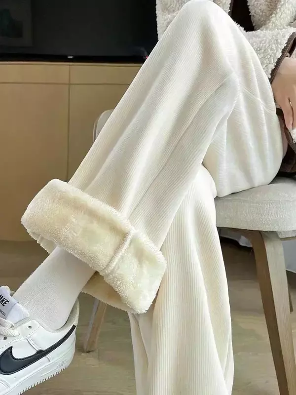 Calça de perna larga em lã de cordeiro feminina, grossa e quente, moda coreana, casual, moda neve, folgada, de pelúcia, velo, Spodnie, inverno, novo