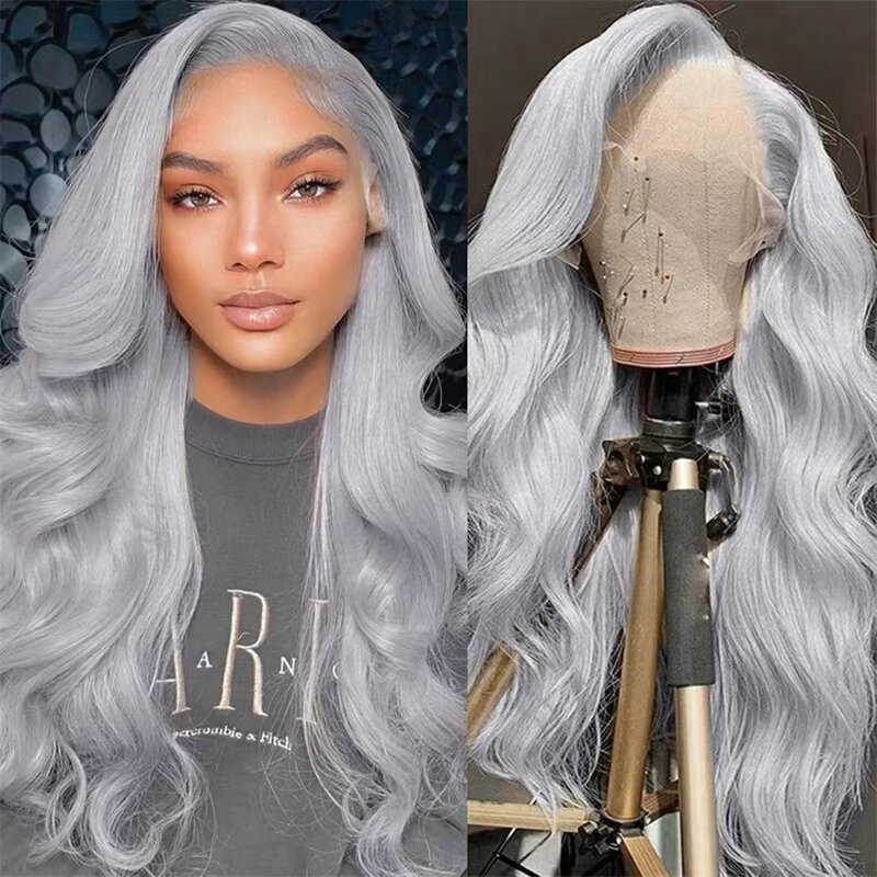 Peluca de cabello humano ondulado para mujer, pelo con encaje Frontal, color gris plateado, 100%, 13x4, HD, 180% de densidad