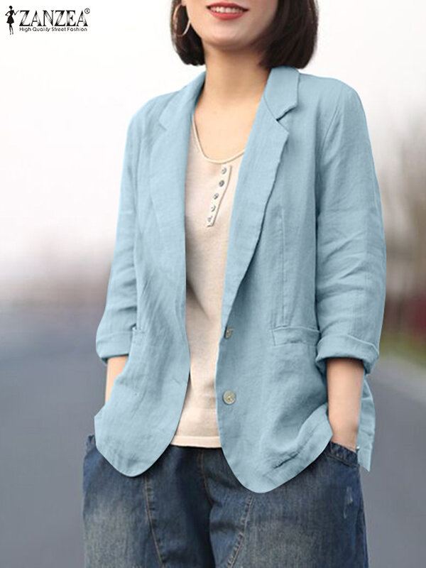Модный однотонный Блейзер ZANZEA, женская элегантная офисная рубашка, женская верхняя одежда с длинным рукавом и воротником с лацканами, винтажные свободные куртки 2023