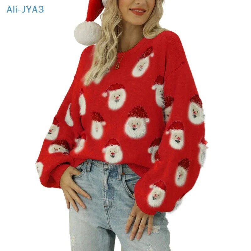 2023 Ladies Cute Sweater Autumn/Winter New O-Neck Lantern Sleeve Loose Knitted Tops Pullover Father Christmas Sweaters