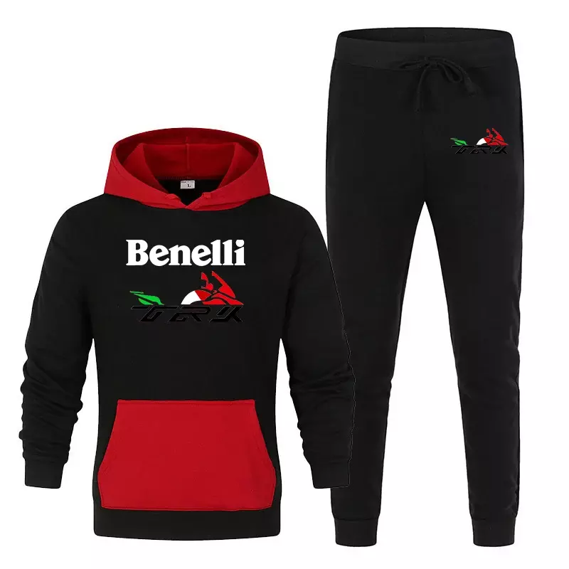 2024 Benelli TRK 502X แฟชั่นผู้ชาย, เสื้อผู้ชายมีฮู้ดเสื้อ + กางเกงวอร์มลำลองพิมพ์ลายฮาราจูกุนิยมใส่สบาย