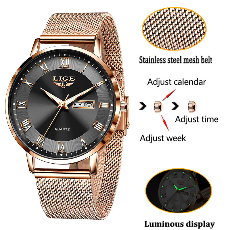 Часы наручные LIGE женские кварцевые, простые водонепроницаемые с браслетом из нержавеющей стали под розовое золото, с сетчатым браслетом