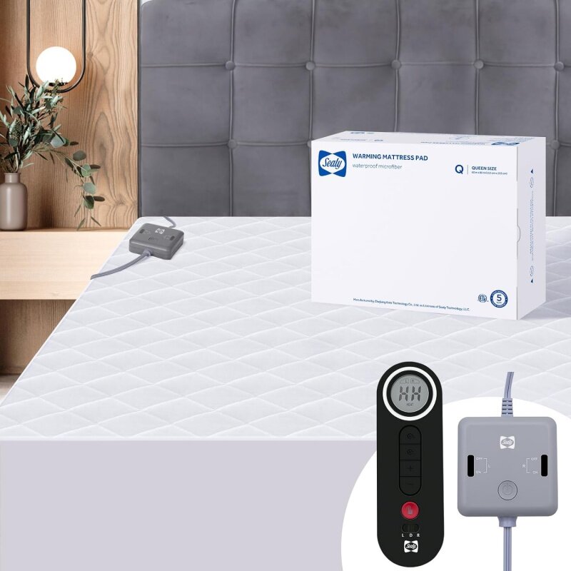 Sealy Heated Mattress Pad Queen Size, Cotton Blend Electric Bed Warmer with 10 Heat Setting Wireless Controller & 1-12 Hours