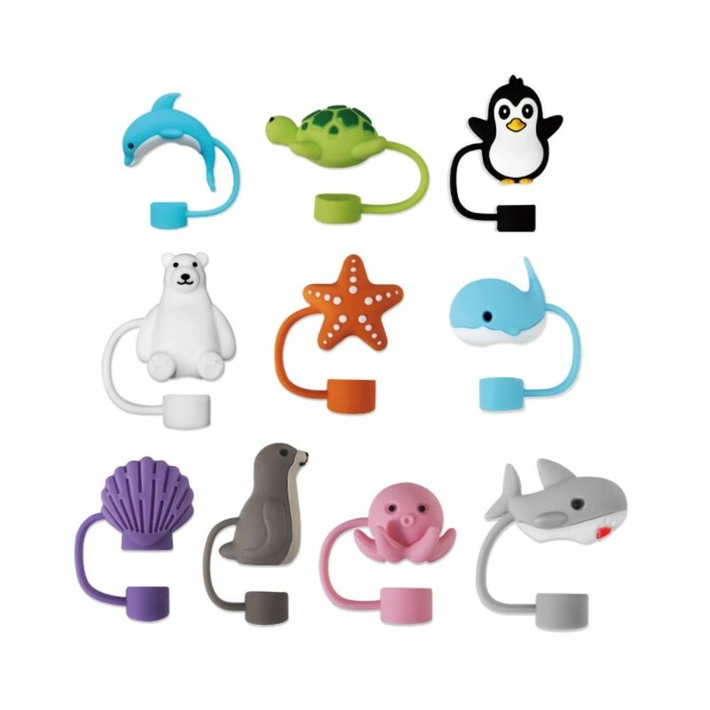 10pcs 10mm Sea Animal Straw Topper Reusable Silicone Cute Straw Cover Cap Polar Animals Pattern Straws Protector Stanley Cup