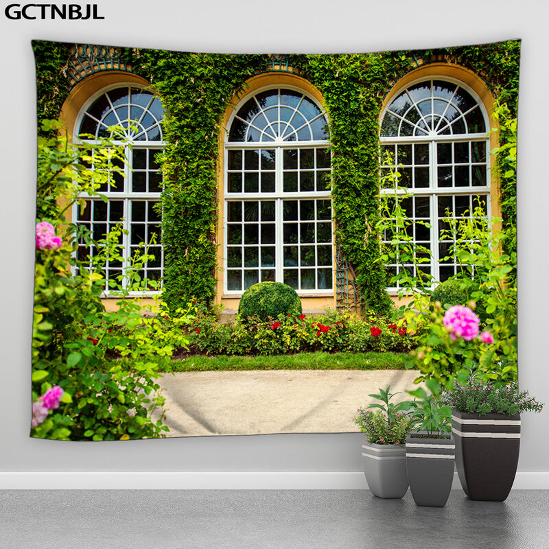 Tapicería de jardín colgante de pared de flores para el hogar, tela de poliéster con paisaje de bosque, planta verde, balcón, patio, tapices de decoración de pared