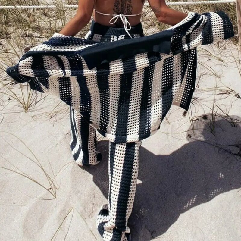 V-neck Striped Shirt Suit Stylish Women's Knitted Shirt Pants Set with V Neck Blouse Wide Leg Trousers Chic Beach for Summer