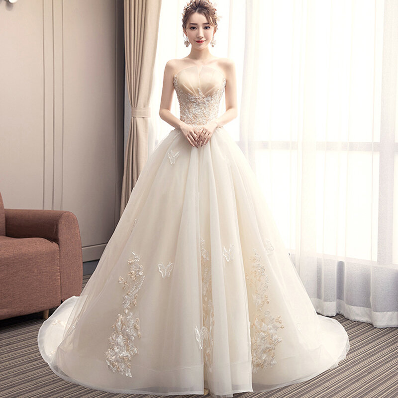 Vestido de novia elegante sin tirantes, traje de encaje con apliques florales, 2024