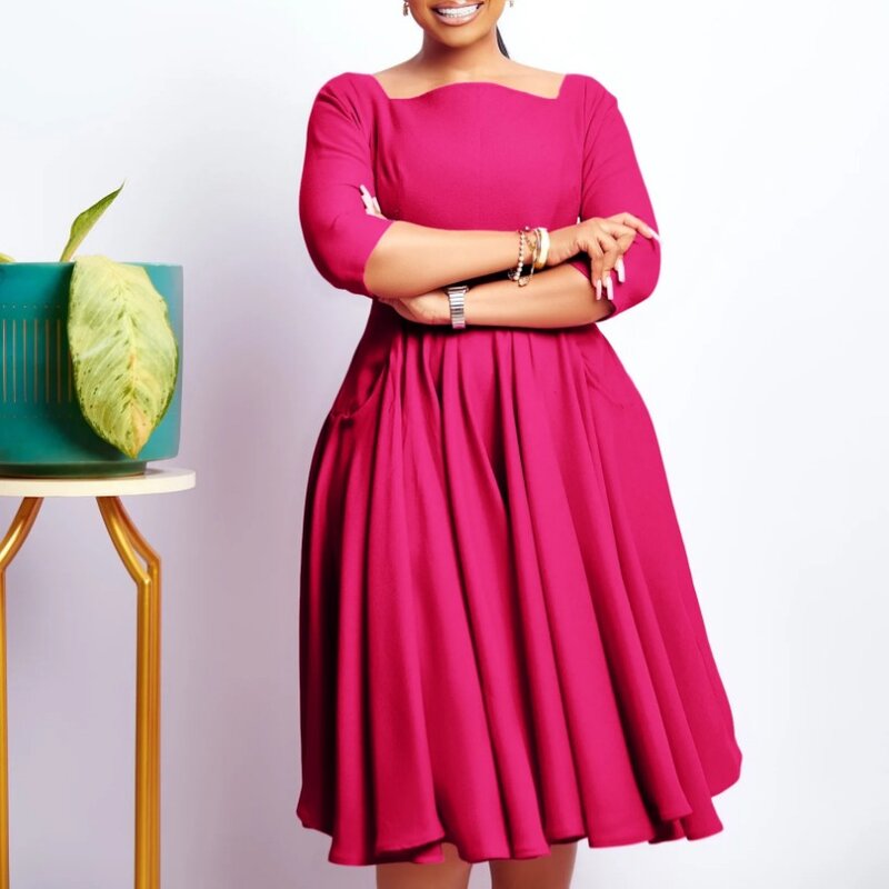 Платья в африканском стиле для женщин, весна 2024, элегантное Африканское платье миди из полиэстера с рукавом 3/4, черное, синее, розовое, красное, африканская одежда Дашики