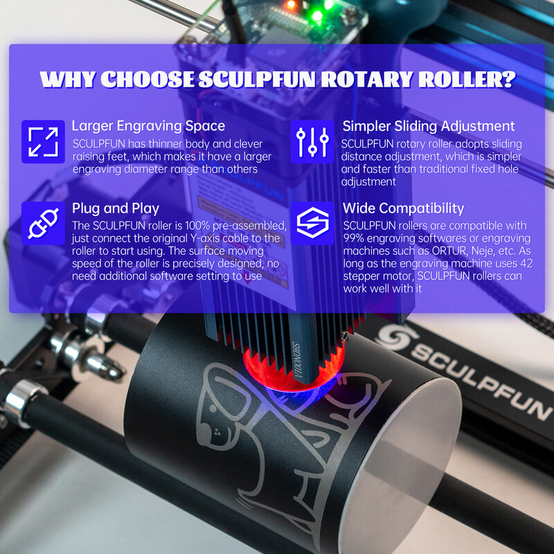 Rullo rotante Laser SCULPFUN incisore Laser rullo asse Y 360 rotante per diametro incisione 6-150mm per oggetti cilindrici