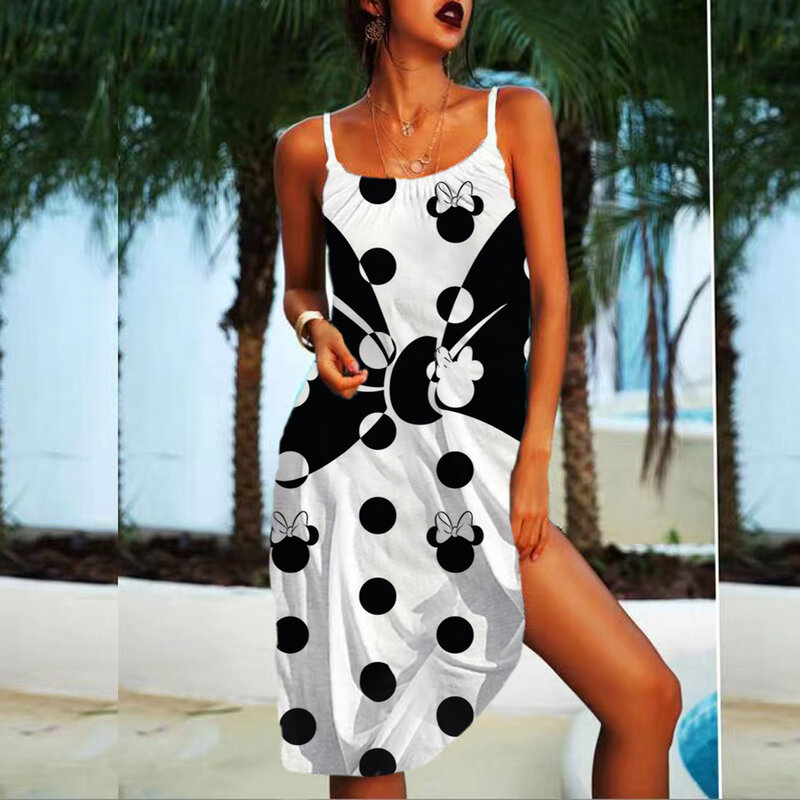 Disney-Mickey Minnie Kleider für Frauen weiche Frauen Strand kleider Sommer Mode Sling Print sexy Skinny Seaside Casual Overs ize
