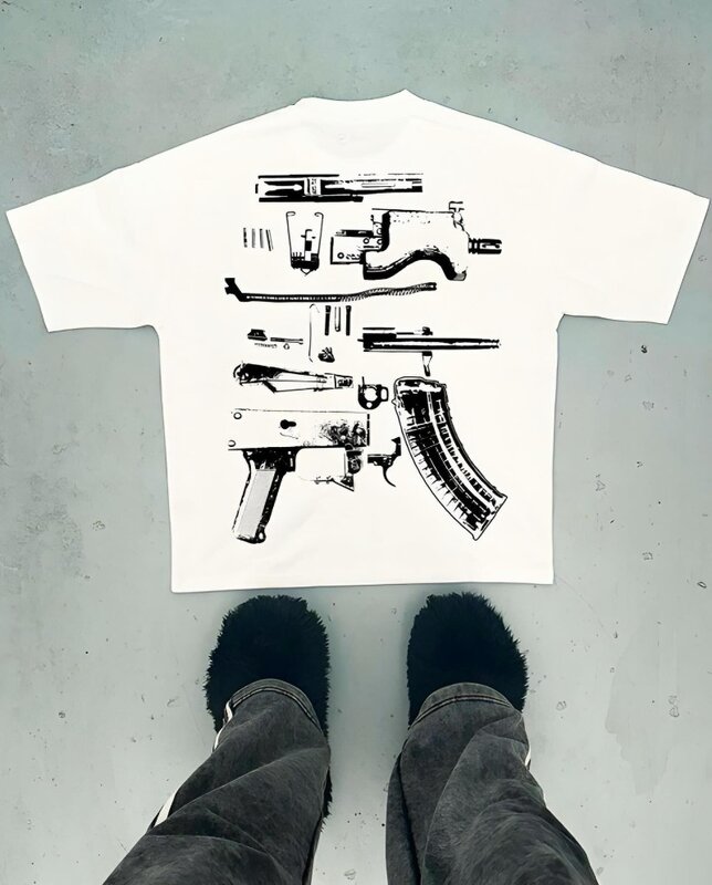 New American High Street Fashion Machine Gun Alphabet Print Oversized T-shirt for Men Y2k Harajuku Goth Style Casual Shirt