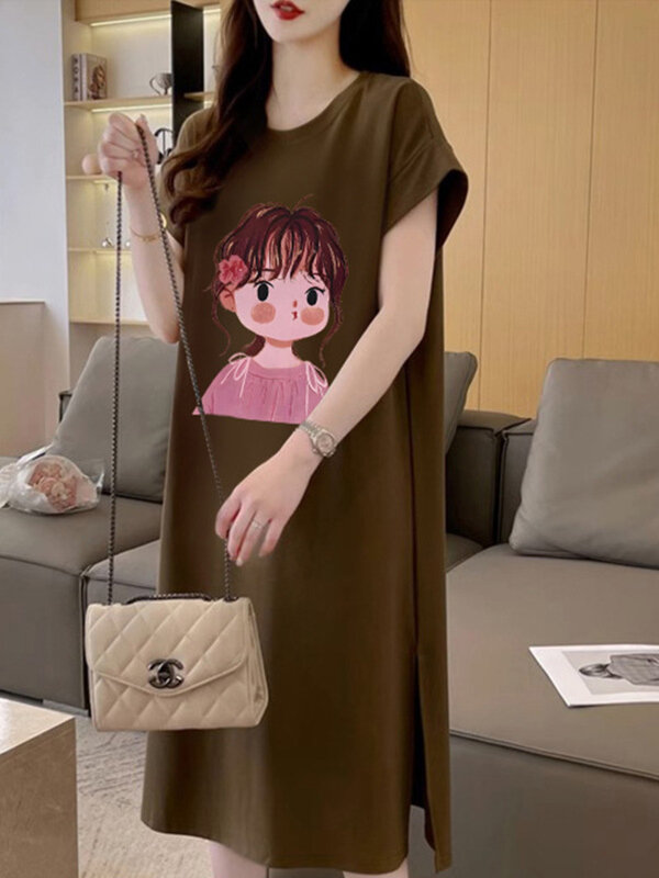 Letnia nowa słodkie nadruki T-shirt z krótkim rękawem spódnica damska koreańska wersja luźna luźna sukienka typu oversize z latającym rękawem długa IL05