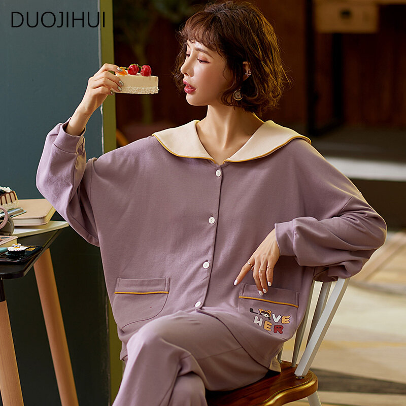 DUOJIHUI Purple Fashion Two Piece Casual Home Pajamas for Women New Chic Simple Cardigan Basic Loose Pant Sweet Female Sleepwear