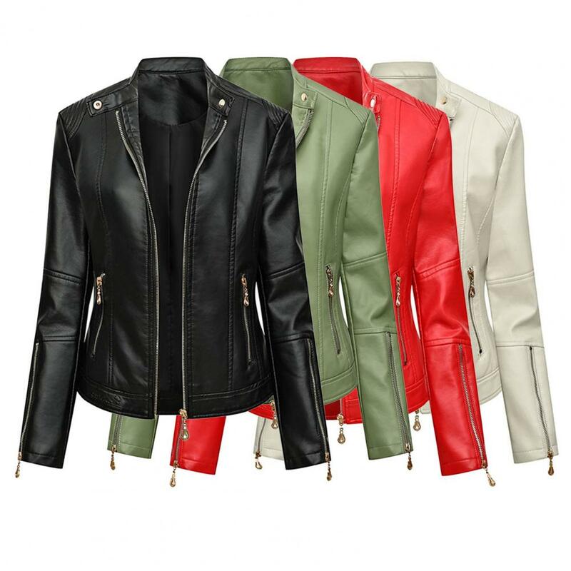 Faux Leather Lady Jacket Solid Color Turn-down Collar Biker Coat Windproof Slim Fit Multi Zipper Lady Coat For Motorcycle Riding
