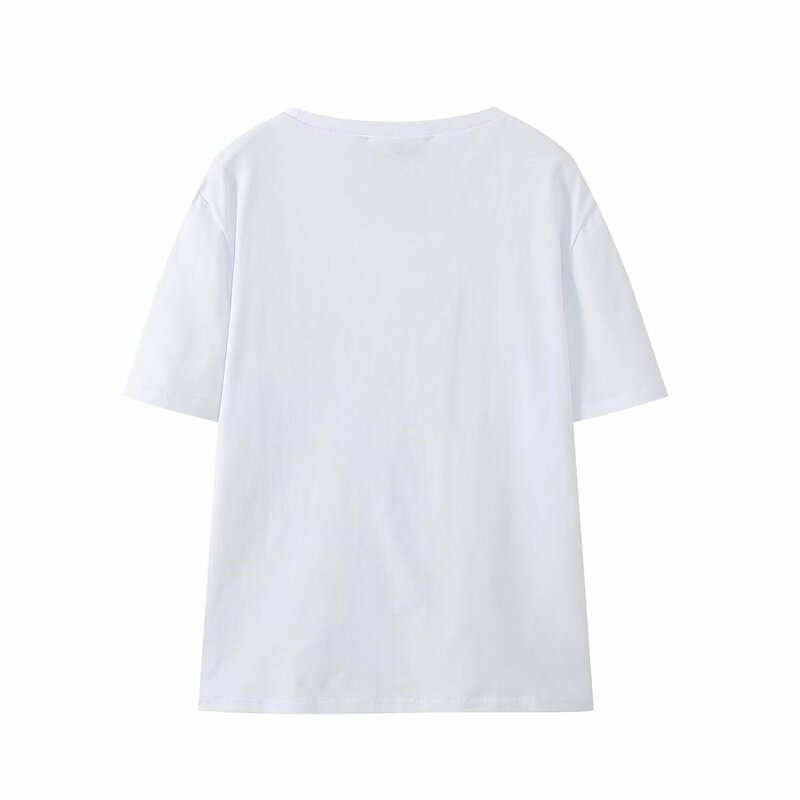 T-shirt à manches courtes en coton pour femmes, pull à col rond, haut polyvalent, décoration florale, mode décontractée, nouveau, 2024