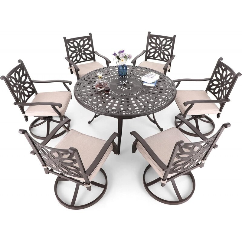 MFSTUDIO Cast aluminium 54 "meja makan teras bulat dengan pola desain Retro, meja luar ruangan untuk 4-6, coklat