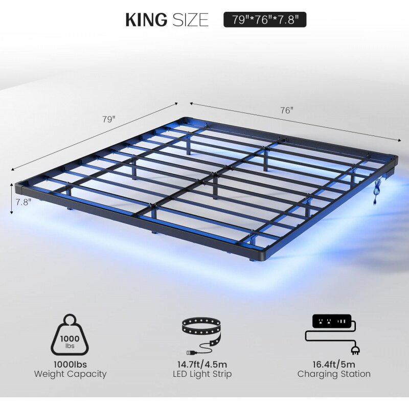 플로팅 침대 프레임 킹 사이즈 LED 조명 및 충전 스테이션, 금속 플랫폼, 박스 필요 용수철, 쉬운 엉덩이