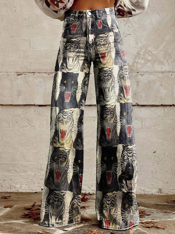 Wave Image-Pantalones vaqueros de estilo coreano para mujer, pantalón de pierna ancha y cintura alta, holgado e informal, S-XL