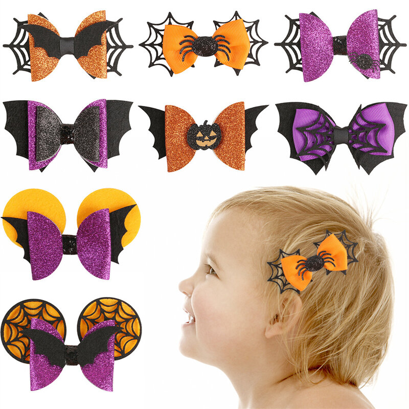 Cute Halloween Glitter Bat Pumpkin Hair Clips for Adult Kids Lovely Sequins Ghost Spider Barrettes Party Cosplay Headwear