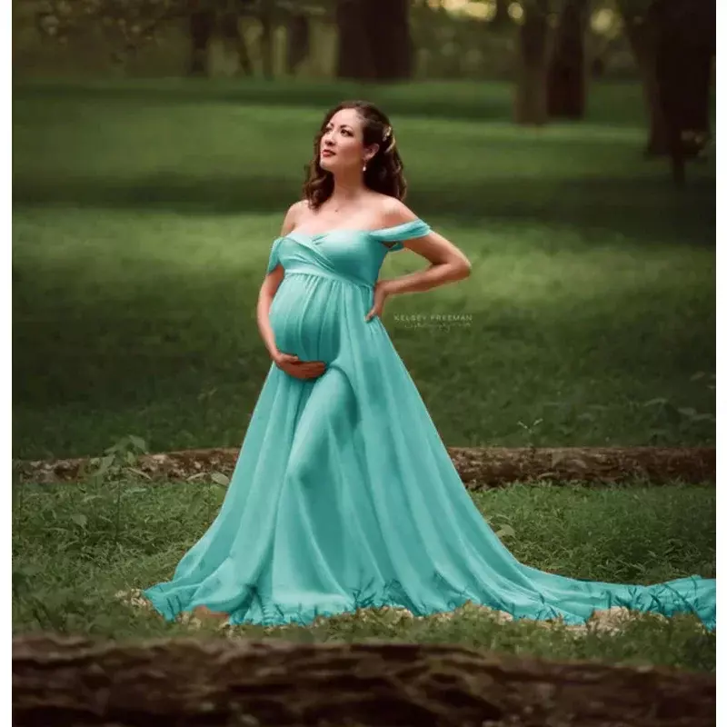 فستان حوامل من القطن الخالص برقبة واحدة للنساء الحوامل ، دانتيل أحادي اللون ، فساتين تصوير ، جديد ، صيفي
