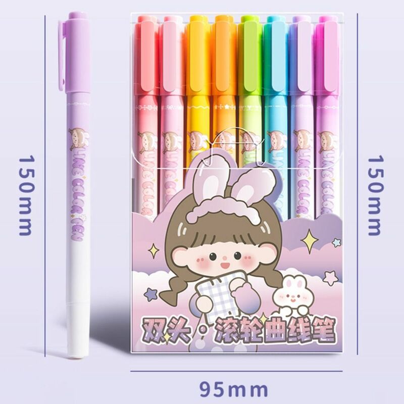 8 warna pena kurva pola garis lucu banyak bentuk pena penanda garis kepala ganda dekorasi akun tangan pena grafiti warna