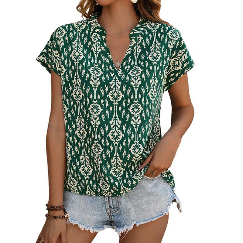 Women Summer Shirt Stylish Ethnic Print Women's Summer Shirt with Batwing Sleeves V-neck Collar Loose Fit Pullover for Casual