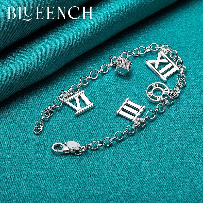Blueench bracciale con ciondolo con numeri romani ad asse rotondo in argento Sterling 925 per gioielli moda festa data donna