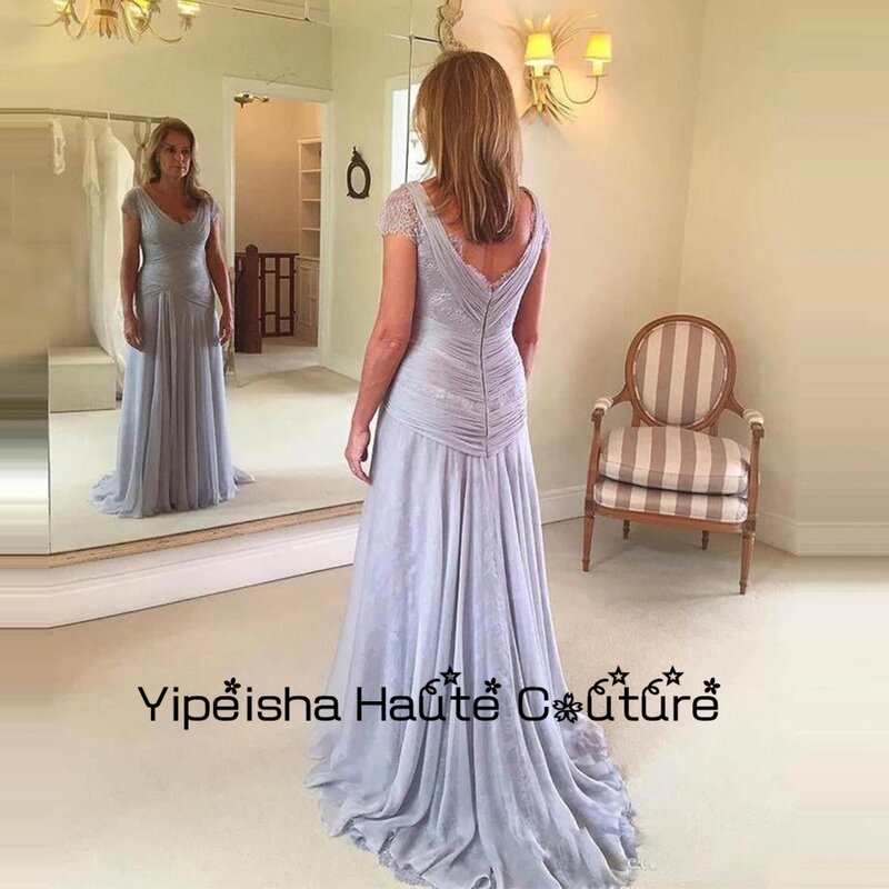 Yipeisha-Vestidos plateados sin tirantes para madre de novia, vestidos de fiesta de boda de manga corta, hasta el suelo, tren de barrido, 2022