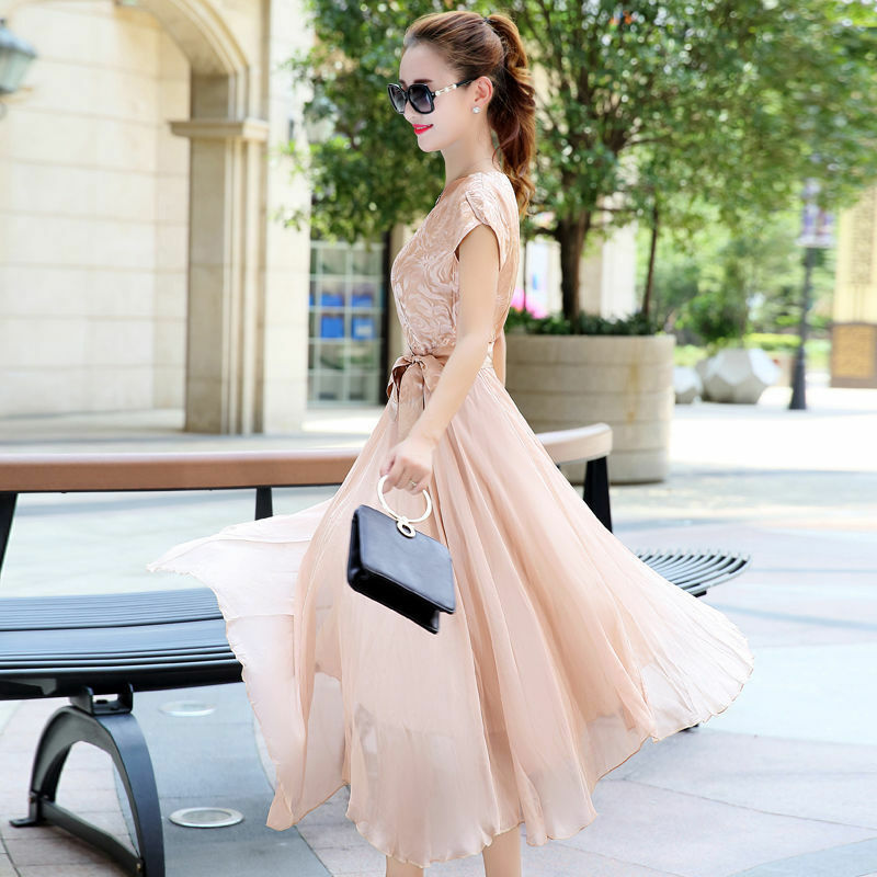 O-Neck Chiffon Ankle-length Dresses 2022 New Trend Empire Pullover Bow Floral Summer Elegant Fashion Women's Clothing Dignified