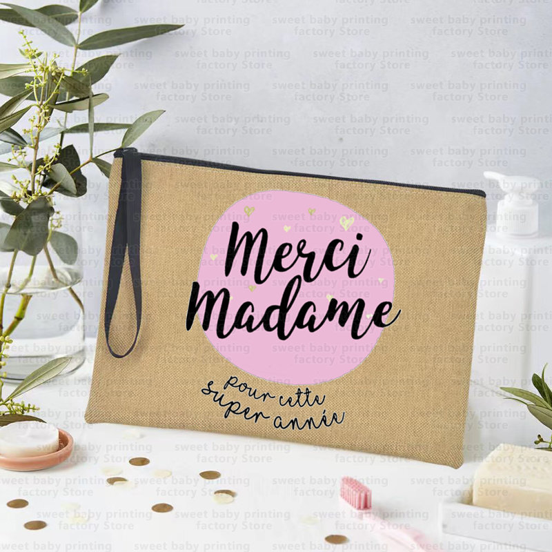 Merci Madame Print Pencil Bag Large Capacity School Stationery Supplies Storage Bags Travel Make Up Bag Year-end Gift for Madame