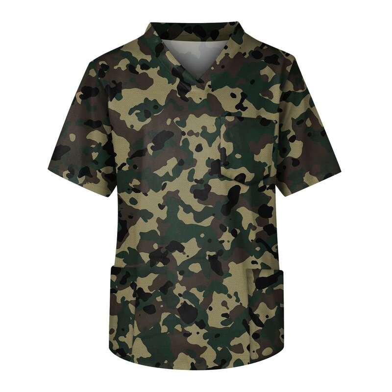 Heren Mode Camouflage Korte Mouw V-Hals Tops Werkende Zak Blouse Mannelijke Scrub Verpleegster Werkend Uniform T-Shirts Werkkleding T-Shirt
