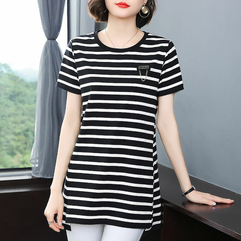 Black White Striped T Shirts Summer New Short Sleeve Loose Plus Size All-match Casual Tops Tees Vintage Fashion Women Clothing