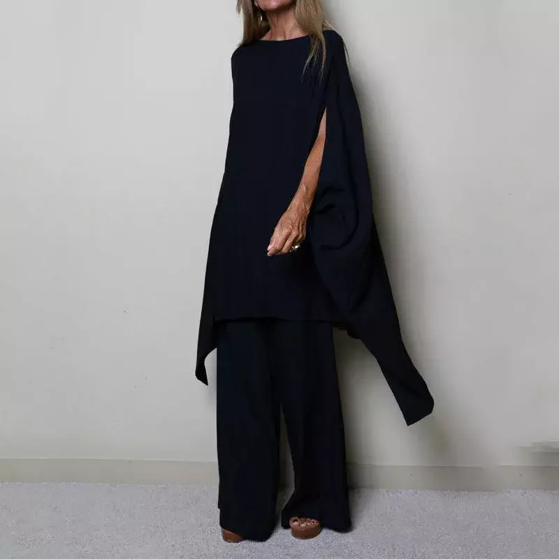 Vintage O-Neck Batwing Sleeve Top and Long Pants Outfits 2024 Casual Solid Office Suit Spring Autumn Loose Women's Two Piece Set