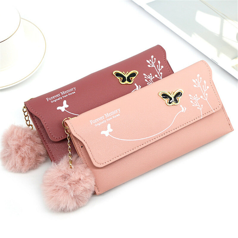 Dompet wanita modis merek dompet lipat tiga panjang huruf dompet tas tangan wanita kulit segar tempat kartu Aksesori Cartera Mujer