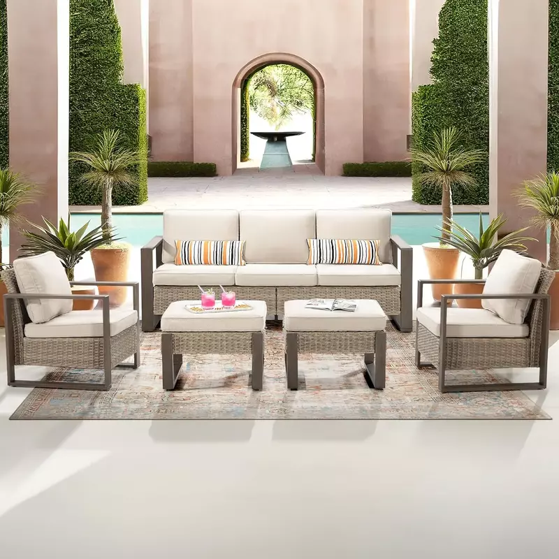 Wicker Patio Furniture Set All Weather Outdoor Furniture Set Contains A Sofa, Two Rattan Dining Chairs and Two Ottomans