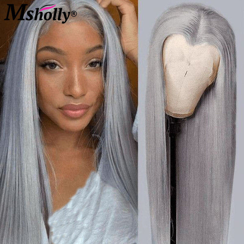 Peluca de cabello humano liso de color gris para mujer, pelo Remy brasileño predespuntado con encaje Frontal, HD 13x4
